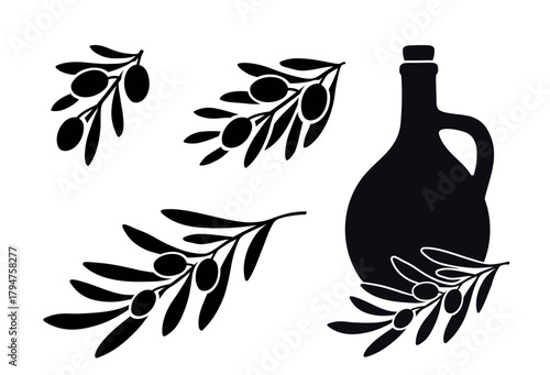 set of green olive design elements on white background