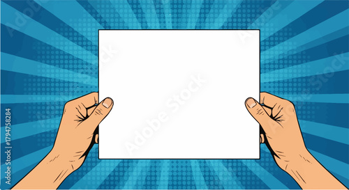 Pop Art Hands Holding Blank White Paper with Transparent Background