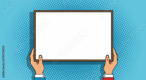 Hands Holding Blank White Board with Brown Frame on Pop Art Blue Background