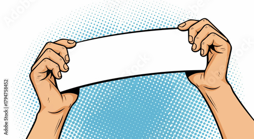 Pop Art Style Hands Holding Blank Rectangular Banner, Transparent Background