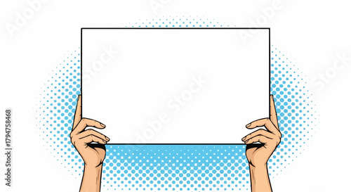Human Hands Holding Blank Rectangular Sign with Pop Art Halftone Background, Transparent.
