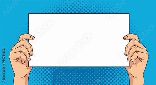 Pop Art Style Hands Holding Blank White Sign with Transparent Background