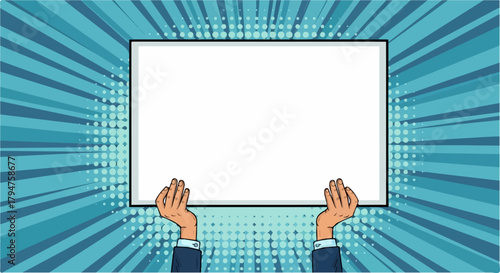 Pop Art Hands Holding Blank White Sign on Blue Comic Style Background