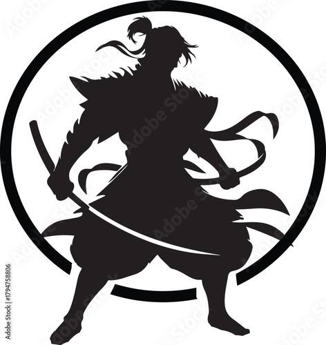 A striking silhouette of a Japanese warrior, embodying strength and martial prowess with traditional Japanese aesthetic.