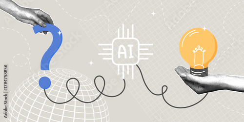 The role of AI in innovation and problem solving. A trendy halftone collage. Innovative concepts for idea development, AI consulting, AI for problem solving and automation.