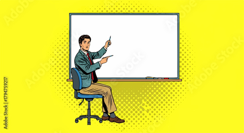 Pop Art Man Presenting on Blank Whiteboard with Yellow Halftone Background.
