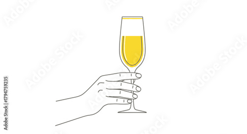 Elegant minimalist illustration of a hand holding a glass of sparkling wine symbolizing celebration