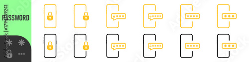 Phone password. Password protected icon. Phone with enter password code, verification security authorization Two step authentication. Notification button and entering a code on the screen