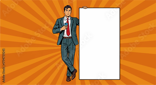 Pop Art Businessman with Smartphone Leaning on Blank Sign, Isolated on Transparent Background
