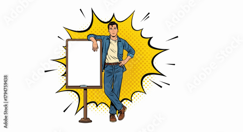 Pop Art Man Leaning on Blank Whiteboard with Yellow Comic Burst, Transparent Background