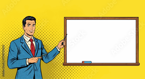 Pop Art Teacher Pointing to Whiteboard in Retro Comic Style with Transparent Background.