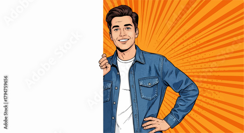Smiling Pop Art Man Holding Blank White Sign with Orange Radial Background