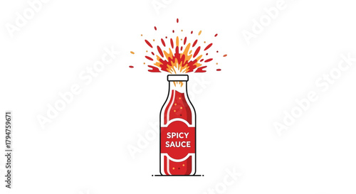 Vibrant graphic illustration of spicy sauce explosion in a bottle on clean backdrop