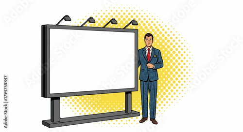 Pop Art Businessman Presenting Blank Billboard on Transparent Background