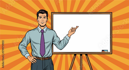 Pop Art Man Pointing at Whiteboard with Transparent Background