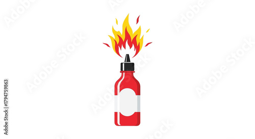 Fiery flavor explosion illustration, bottle design for super hot chili sauces brand advertisement