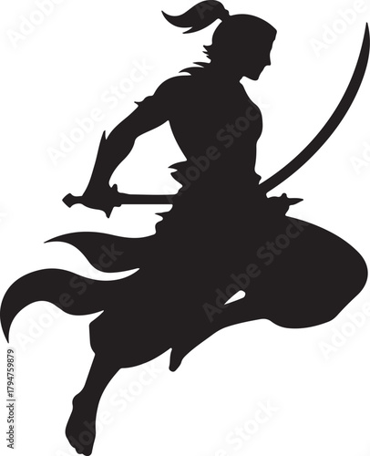 Silhouette illustration of a Javanese warrior holding two swords, one sheath in his belt and jumping.