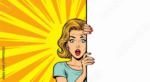 Shocked Pop Art Woman Peeking Behind Blank Sign with Transparent Background