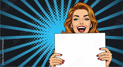 Cheerful Pop Art Woman with Red Hair Holding Empty White Sign on Blue Radial Background, Transparent.