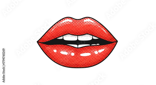 Retro pop art illustrated female luscious scarlet lips halftone pattern on a white background