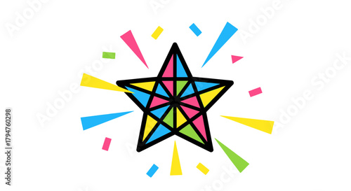 Vibrant starburst illustration with multicolored segments and celebratory confetti accents