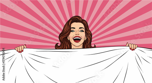 Happy Pop Art Woman Laughing Peeking Over White Fabric with Pink Ray Background