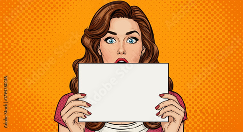 Surprised Pop Art Woman Holding Blank Rectangular Sign, Transparent Background