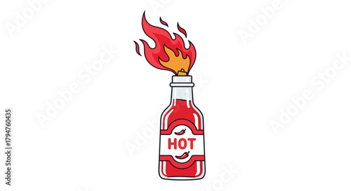 Fiery condiment explosion: Cartoon illustration of a super spicy hot sauce eruption