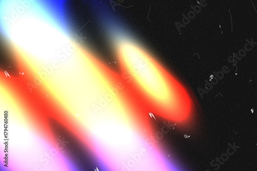 Dynamic abstract light streaks with vibrant color gradient and vintage film grain overlay effect, ideal for retro digital art backgrounds