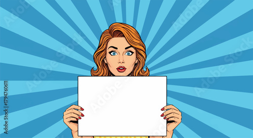 Pop Art Woman with Surprised Expression Holding Blank Sign on Blue Radial Burst Background