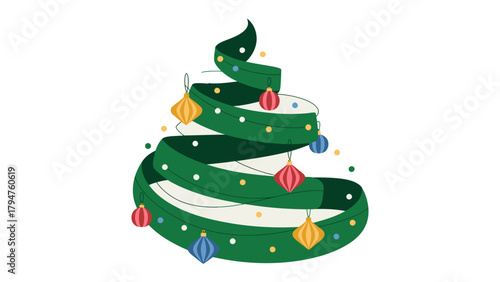 Holiday Ribbon Tree: A festive and modern representation of a holiday tree, constructed from a spiraling ribbon adorned with colorful ornaments and joyful lights.