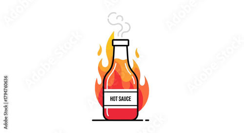 Fiery Delights: An Illustration of a Bottle of Hot Sauce with Flames and Vaporous Plumes