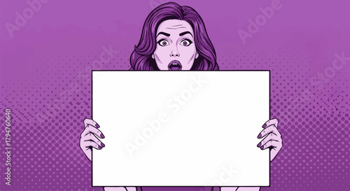 Pop Art Woman with Shocked Expression Holding Blank White Sign on Purple Halftone Background.