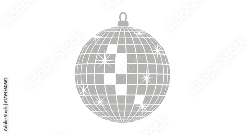 Reflective disco ball illustration, with sparkling accents and geometric patterns for dance nights