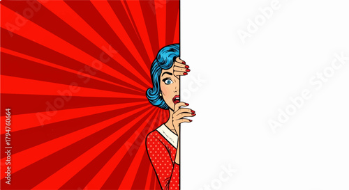 Pop Art Woman Peeking from White Copy Space with Red Radial Background (Transparent for Content)