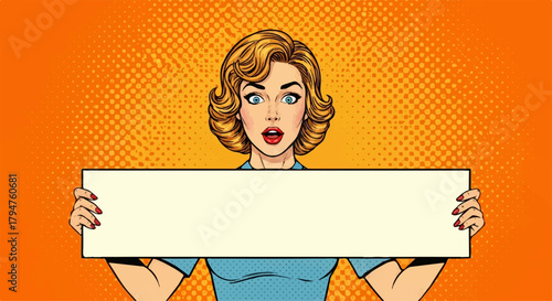 Pop Art Woman with Surprised Expression Holding Blank Sign, Transparent Background