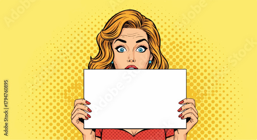 Pop Art Woman with Surprised Expression Holding a Blank Sign on Yellow Halftone Background.