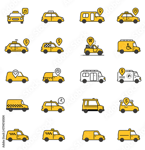 Collection of various taxi and transport vehicle icons for ride-sharing and mobility services