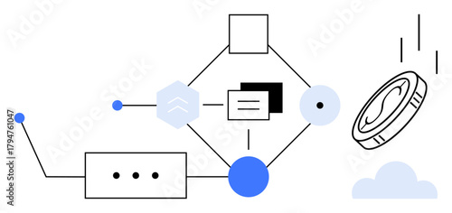 Geometric shapes linked by lines, coin falling with cloud and node elements, expressing network, financial technology. Ideal for blockchain, connectivity, cryptocurrency, innovation, technology