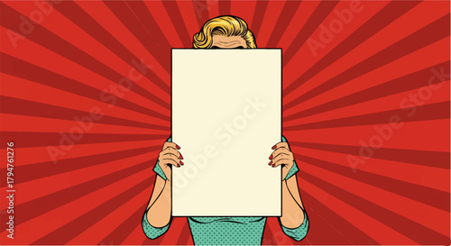 Pop Art Woman Holding Blank Poster on Red Sunburst Background