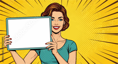 Smiling Pop Art Woman Holding Blank White Sign on Yellow Comic Background
