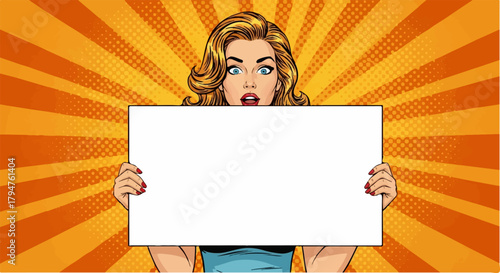 Surprised Pop Art Woman Holding Blank Sign on Vibrant Comic Background
