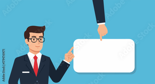White Blank Signboard Pointed at by Businessman and Second Hand, Vector Illustration on Transparent Background.