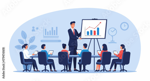 Business Presentation with Speaker and Attendees Illustrating Growth on Transparent Background