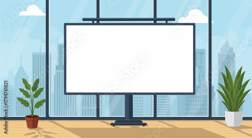 Modern Office Meeting Room with Blank Screen and City Skyline View