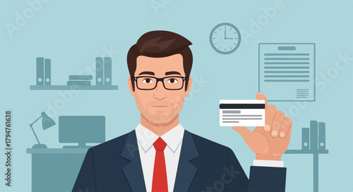Male Professional in Suit and Glasses Holding Credit Card, Transparent Background
