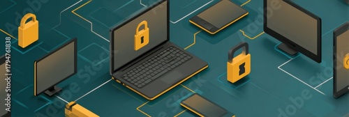 Digital Security Concept With Computers and Locks Representing Cybersecurity in a Modern Setting