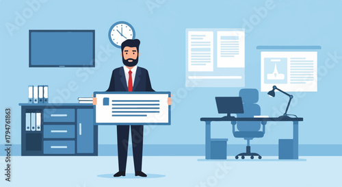 Businessman Presenting Information Board in Modern Office Illustration
