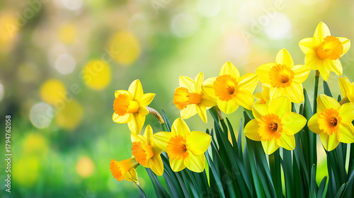 Fototapeta Naklejka Na Ścianę i Meble -  Yellow daffodil flowers blooming on spring meadow with sunlight and copy space