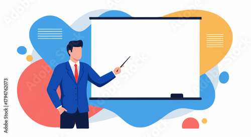 Man Presenting at Whiteboard with Abstract Background
